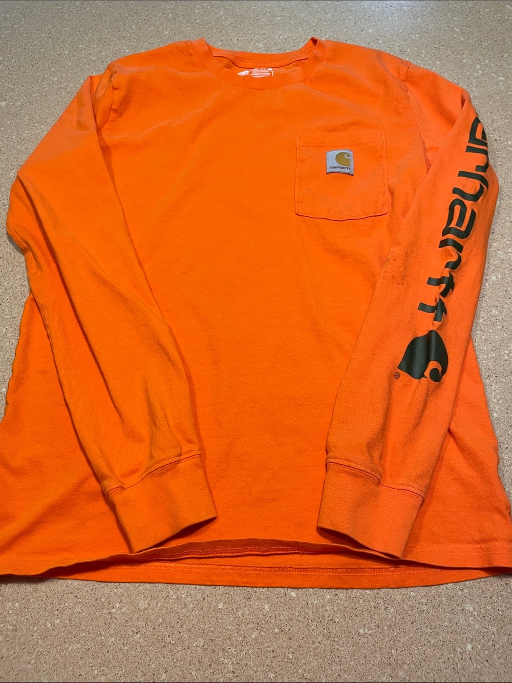 Carhartt Orange Long Sleeve Pocket Tee with Black Sleeve Logo